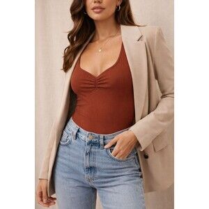 Banana Republic Ribbed Ruched Bodysuit XL Rust Brown Long Sleeve Stretch